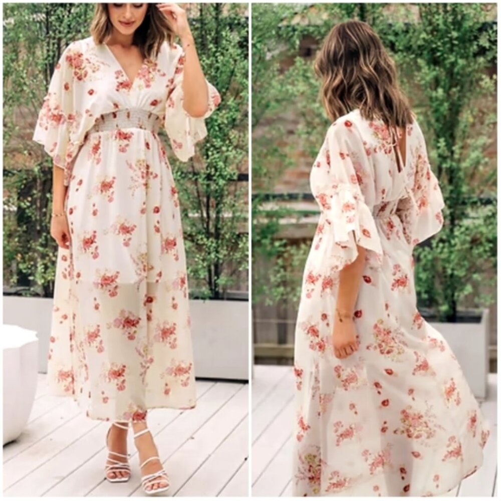 Cupshe Antigua Flared Long Sleeve Smocking Maxi Dress